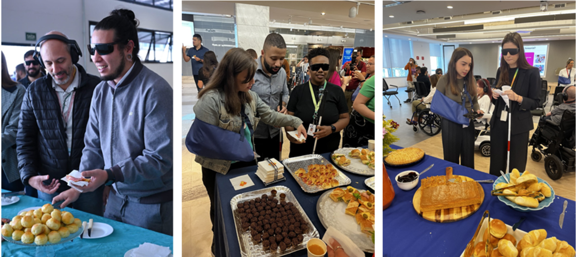 Montagem com 3 fotos:
                                A primeira imagem há dois homens participando da
                                dinâmica Café Sensorial, enquanto um simula uma
                                deficiência auditiva, por meio de protetores auriculares,
                                o outro simula a cegueira por meio de óculos
                                escurecidos. Eles estão pegando pães de queijo na mesa
                                do café.
                                Na segunda imagem mostra 3 pessoas participando da
                                dinâmica Café Sensorial, enquanto uma simula uma
                                deficiência física de amputação, a outra simula a
                                cegueira por meio de óculos escurecidos e uma bengala,
                                uma terceira pessoa, cega , conversa com as outras duas
                                participantes enquanto se serve do café.
                                A terceira imagem mostra duas mulheres participando da
                                dinâmica  Café Sensorial, enquanto uma simula uma
                                deficiência física de amputação, a outra simula a
                                cegueira por meio de óculos escurecidos e uma bengala.
                                A frente delas há uma mesa com tortas e pães para se
                                servirem.